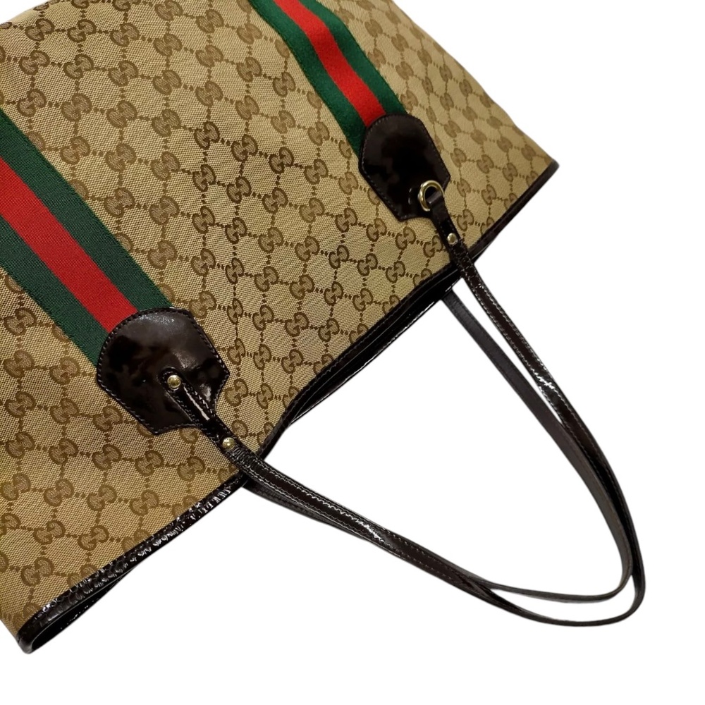GUCCI Tote Bag Jolie Vintage Sherry Line Brown Canvas Classic Red Green Stripes - Picture 7 of 16